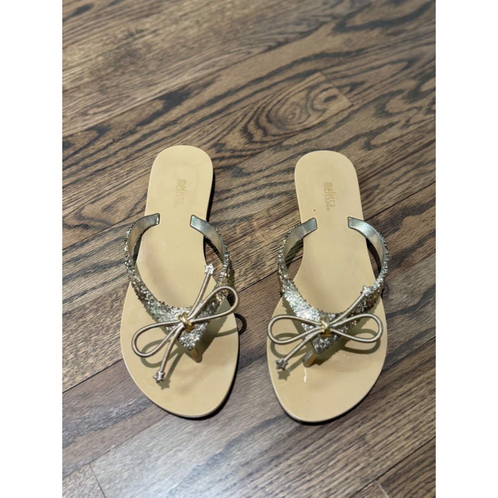Melissa Women's Butterfly Jelly Flip Flop Sandals Sparkle Bow Gold Tan Size‎ 7